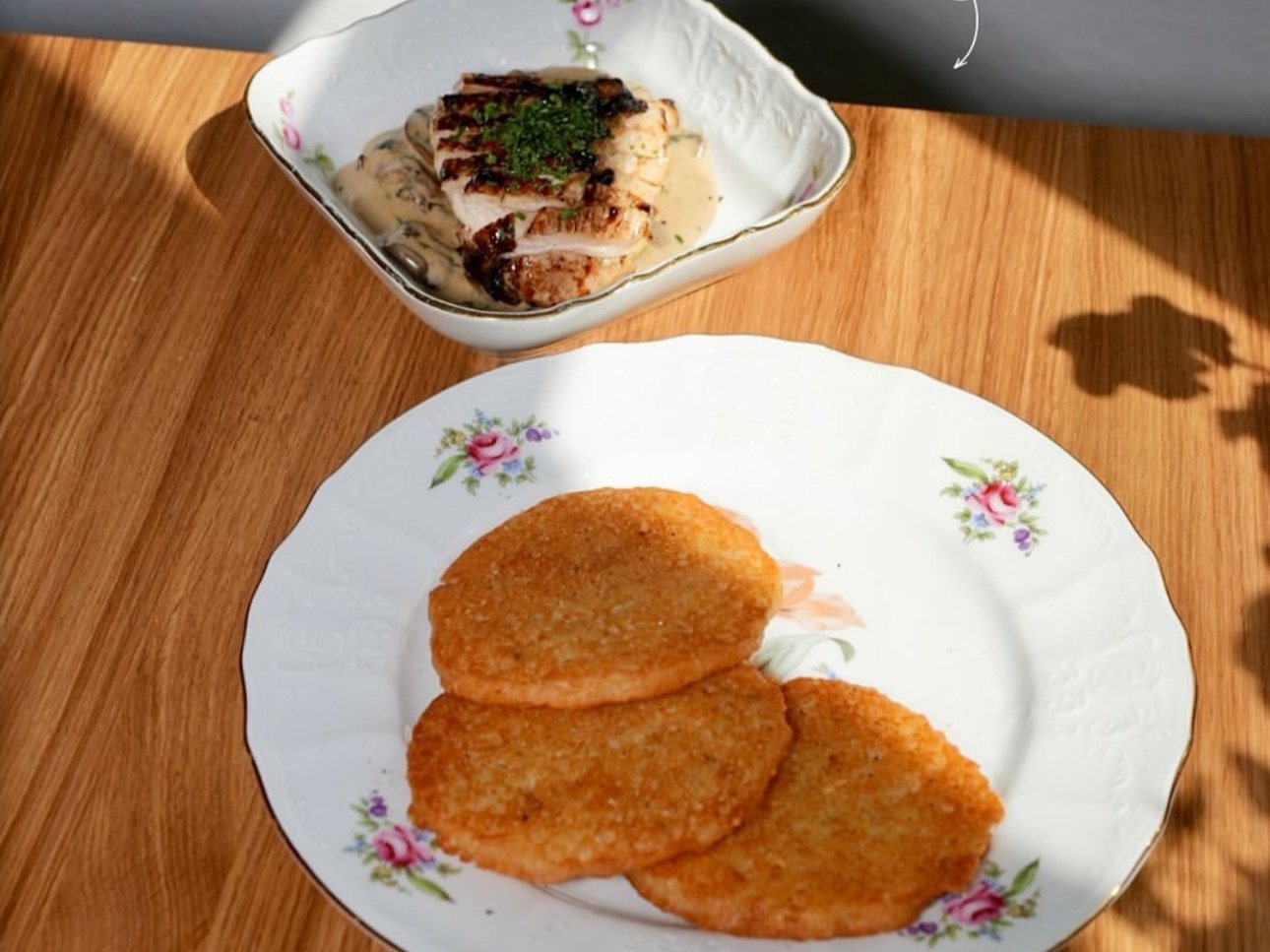 Драники с цыпленком и грибным соусом