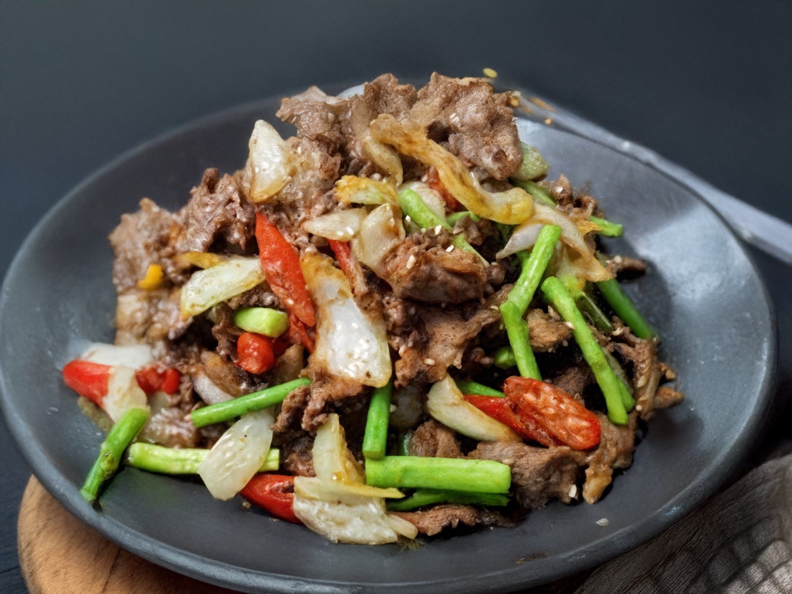 Острые кусочки говядины с луком